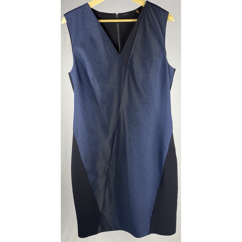 Elie Tahari Sheath Dress Women 14 Blue Black Colorblock Wool Blend Workwear